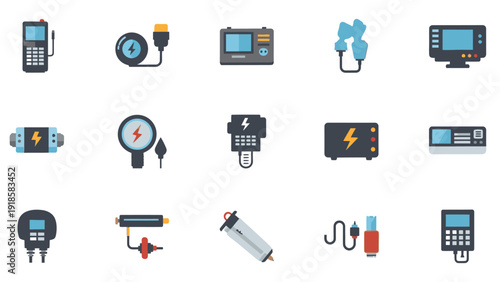 Collection of various electronic devices and tools icons with blue screens and black bodies on a white background.