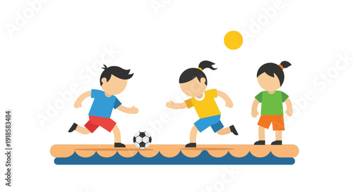 Three cartoon children playing soccer on a beach under the sun, enjoying a fun outdoor game together.