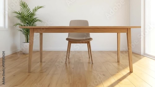Minimalist Home Office Wooden Table  Chair with Bright, and Airy Space with Natural Light.