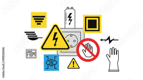 Flat lay of various electrical warning signs and symbols on a white background with a mix of yellow, red, and black colors.