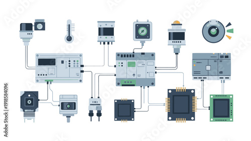 Detailed diagram of industrial control systems and electronic devices with various components and connections on a white background.
