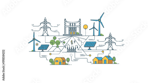 Illustration of a sustainable energy system with solar panels, wind turbines, and power lines connecting to homes and buildings on a white background with a blue and orange color scheme.