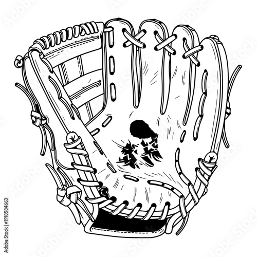 A baseball glove catching a baseball with laces and stitching in a sports illustration