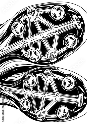 Intricate footwear soles with studs and laces, close-up view, illustration style, detailed design