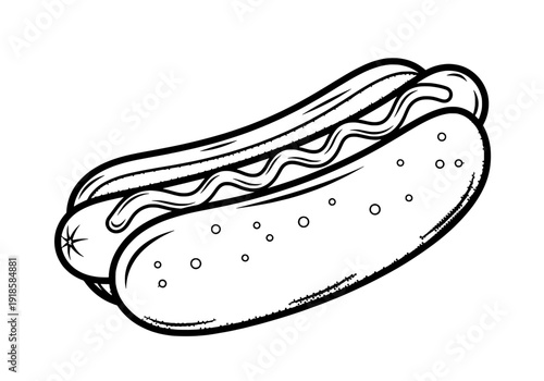 A hot dog with ketchup viewed from the side, an illustrated fast food item