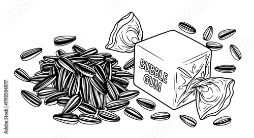Illustration of bubble gum and scattered pieces around a box with loose gum fragments nearby