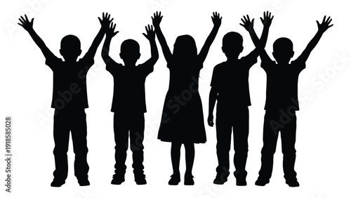 Silhouette of diverse children raising their hands in excitement and anticipation. isolated on white background, Vector