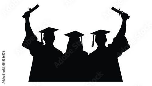 Three graduates in caps and gowns holding diplomas in the air. isolated on white background, Vector