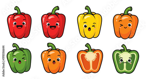 Cute Cartoon Bell Pepper Character Set with Various Expressions and Colors