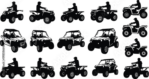 ATV and UTV Off Road Vehicles Silhouette Collection with Riders Quad Bikes and Side by Side Utility Terrain Vector Illustration Set