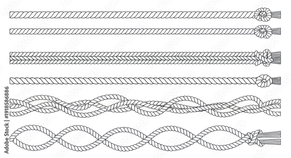 Obraz premium Collection of Nautical Knots and Rope Types, Hand-Drawn Illustration