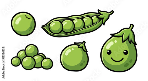 Green Pea Illustration Set with Pod, Pile, and Cute Pea Character