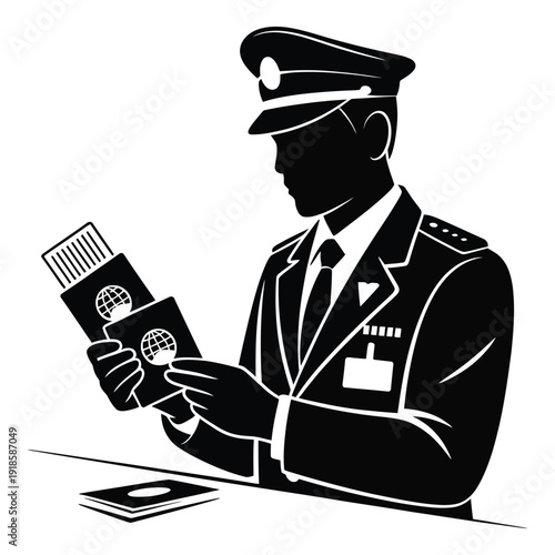 Border control officer checks passport documents at international airport security checkpoint uniform silhouette illustration showing customs agent regulating travel