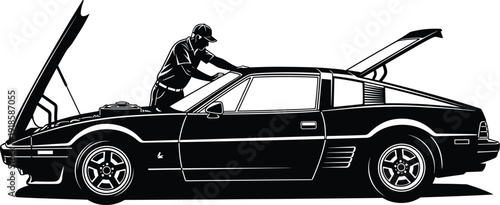 Auto Mechanic Repairing Sports Car Silhouette with Open Hood and Trunk Vector Illustration Isolated on White Background for Automotive Service Design