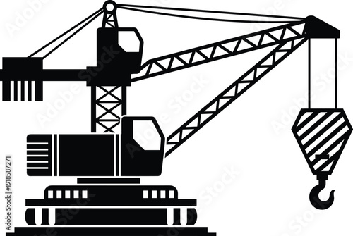 Black vector silhouette of a heavy duty crawler crane with a large lifting hook for industrial construction building site development and engineering branding design