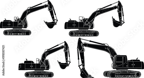 Black vector silhouette set of heavy hydraulic excavators in various positions for construction industry earthmoving site development engineering and industrial machinery branding design
