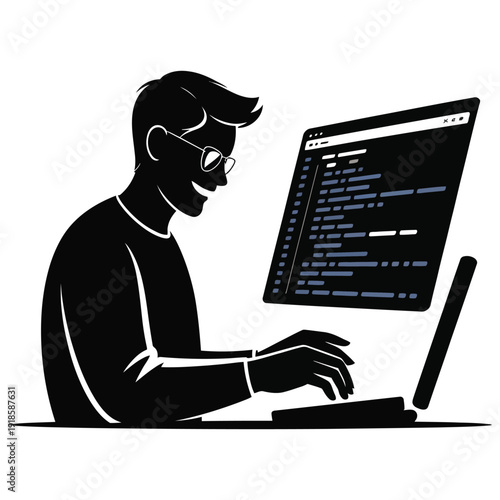 Happy male programmer silhouette working on laptop coding software developer creating new program backend engineering innovative technology solutions