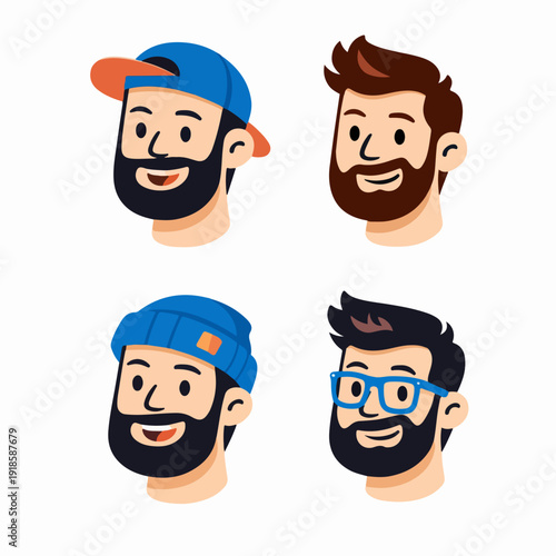 Cartoon Male Avatar Faces Set with Beard and Glasses