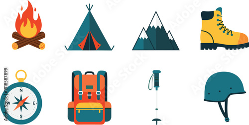 Camping and Hiking Equipment Icons Set Featuring Tent Campfire Mountains Backpack Compass Boots Helmet and Trekking Pole Flat Vector Illustration Collection