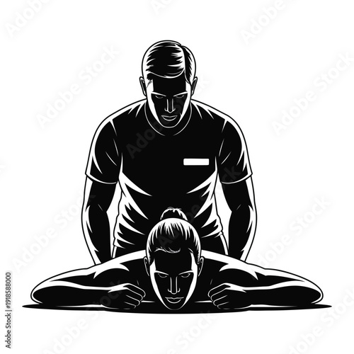 Professional male masseur performing back massage on female client therapeutic bodywork session for relaxation and muscle relief wellness treatment