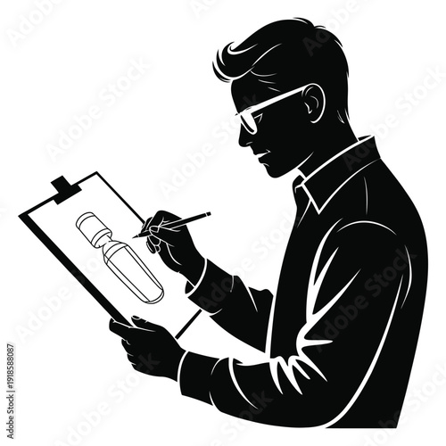 Silhouette of designer wearing glasses drawing product design on clipboard with pencil, focused on creative sketching and product development