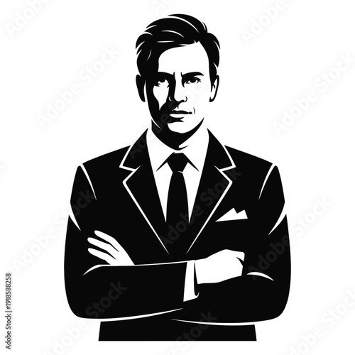 Silhouette of stern businessman in suit and tie with arms crossed, looking directly at camera, representing authority and professional confidence