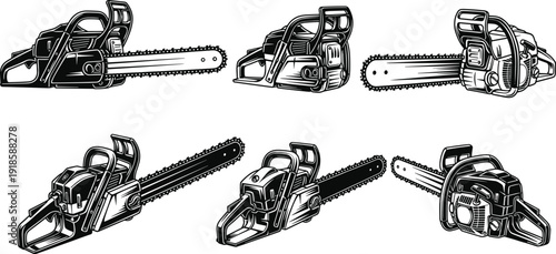 Chainsaw Set in Multiple Angles Black and White Vector Illustration Isolated on White Background for Logging Forestry and Wood Cutting Industry