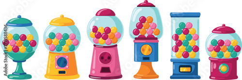 Colorful Gumball Machines Set with Candy Dispensers Filled with Sweet Bubble Gum Balls Vector Illustration Isolated on White Background for Kids Design