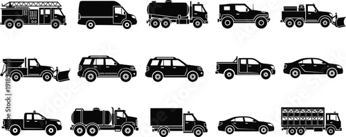 Commercial and Emergency Vehicles Silhouette Set Featuring Fire Truck Tanker Pickup SUV Sedan and Delivery Trucks Black Vector Illustration Collection Isolated on White