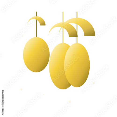 Three yellow mangoes hanging from stems on a white background.