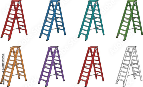 Colorful Step Ladder Collection in Various Colors Folding Household and Construction Equipment Vector Illustration Set Isolated on White Background