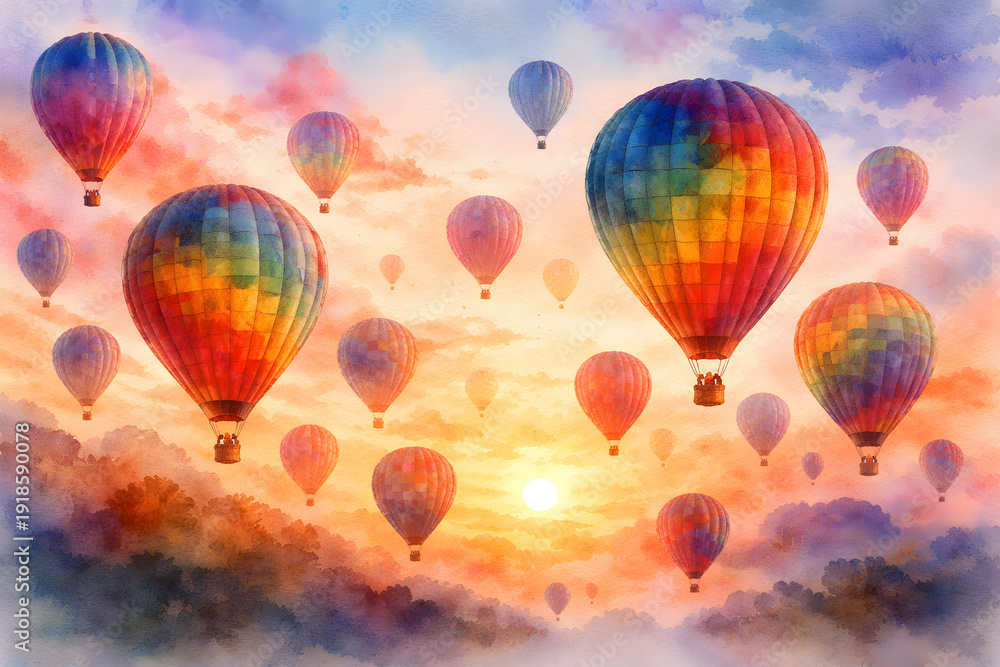 Fototapeta premium Watercolor hot air balloons soaring over a misty mountain valley at sunset