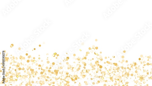 Scattered gold hexagonal glitter particles at bottom of white background, luxury golden dust floor overlay