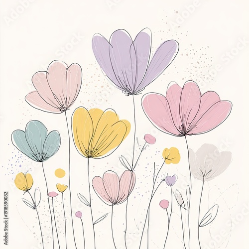 Delicate, whimsical line drawing of pastel-colored flowers with soft, abstract splashes of color