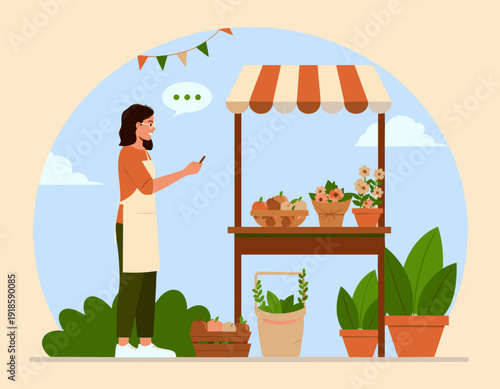 vector illustration of a small business owner holding smartphone smiling while typing message