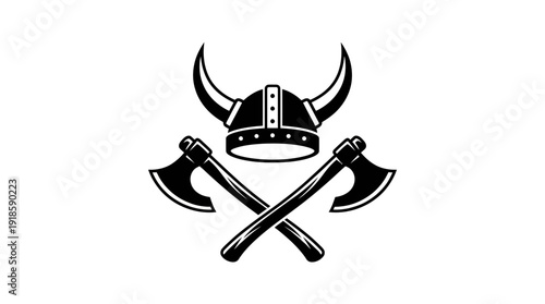 Black and white image Viking helmet with crossed axes d flat vector isolated white background