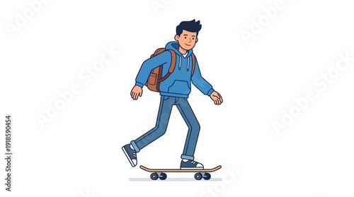 School teen boy color character on street skateboard d flat vector isolated white background