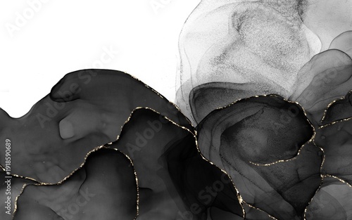 Luxury Black and Gold Alcohol Ink Abstract Background with Golden Veins