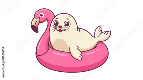 Cute baby seal in pink flamingo swim ring d flat vector isolated white background