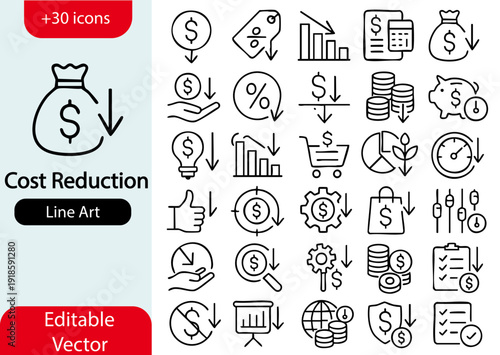 Cost reduction line art icons, financial decrease and economy set