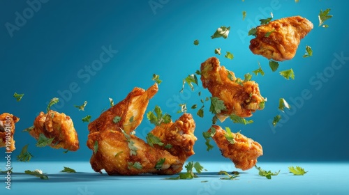 Flying chicken wings with parsley on a blue background.