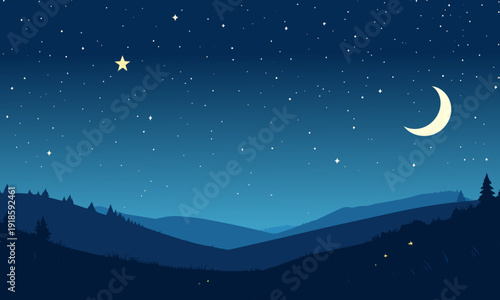 夜空と山のシルエット背景。星空、夕暮れ、幻想的な風景のベクターイラスト。
