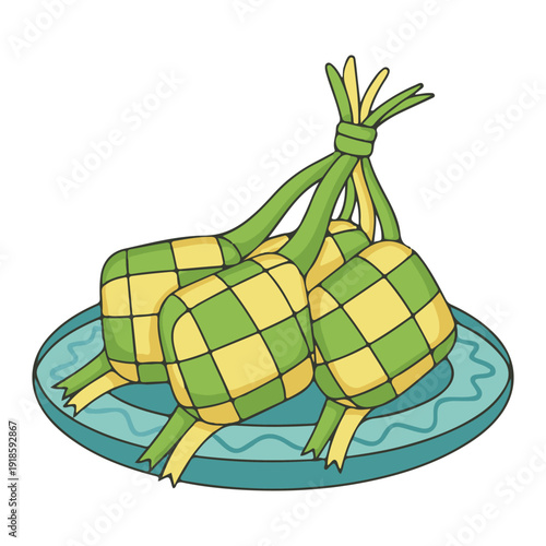 Hand drawn illustration of traditional ketupat rice cakes served on a plate. Indonesian festive food commonly prepared during Eid al-Fitr celebration. Isolated on light background.