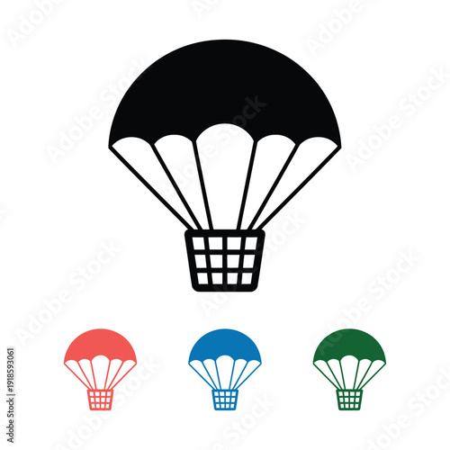 Simple black parachute icon with basket, accompanied by smaller red, blue, and green variations, representing air travel and descent.