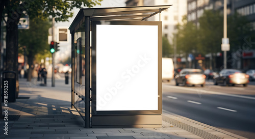 Blank advertisement board at a modern bus stop on a bustling city street during sunset, perfect for promotional content and urban marketing mockups