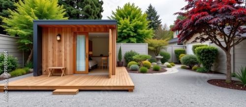 Accessory dwelling unit or ADU concept. Modern wooden backyard shed with deck surrounded by a minimalist garden and gravel pathways.