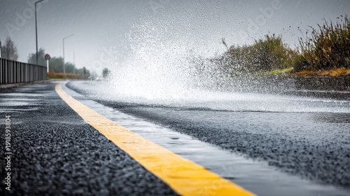 Rainwater splashes upward dramatically from a puddle on a rural road with a yellow dividing line on a wet day with gray skies creating a moody atmosphere.