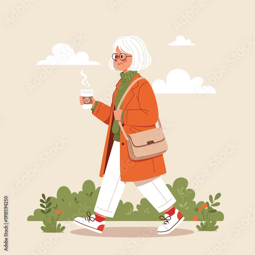 Stylish Senior Woman Walking with Coffee