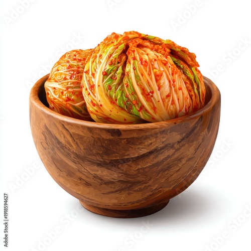 Two vibrant, spicy fermented cabbage heads in a textured wooden bowl