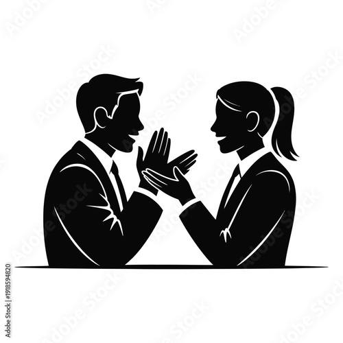 Business partners or colleagues celebrating success applauding each other with happy expressions silhouette facing opposite directions vector